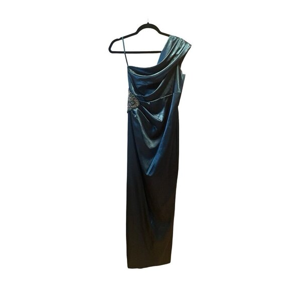 New Eliza J Women' One Shoulder Satin Sleeveless Hunter Green Sheath Gown Size 2 - Picture 4 of 10